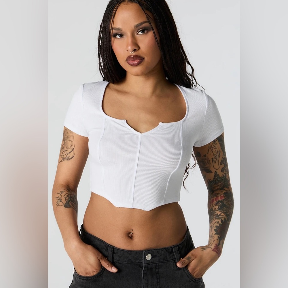 White Ribbed Corset Short Sleeve Crop Top